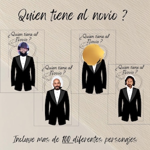 Puede incluir: Una tarjeta beige con el texto "Quien tiene al novio?" e ilustraciones de hombres con esmoquin. La tarjeta incluye el texto "Incluye mas de 100 diferentes personajes."