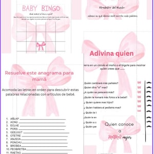 Puede incluir: Un conjunto de juegos de baby shower rosas, que incluyen una tarjeta de bingo, un rompecabezas de palabras y un juego de 'adivina quién'. Los juegos presentan lazos rosas y texto en español, perfectos para un baby shower.