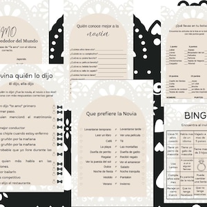 Könnte beinhalten: Eine Sammlung druckbarer Brautparty-Spiele auf Spanisch, darunter Aktivitäten wie "Wer kennt die Braut am besten?" und ein Bingospiel. Die Designs sind in Schwarzweiß mit dekorativen floralen Elementen.