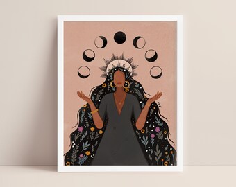 Night Goddess | stars and moon hair art | digital art | celestial portrait | cosmic art | zodiac print