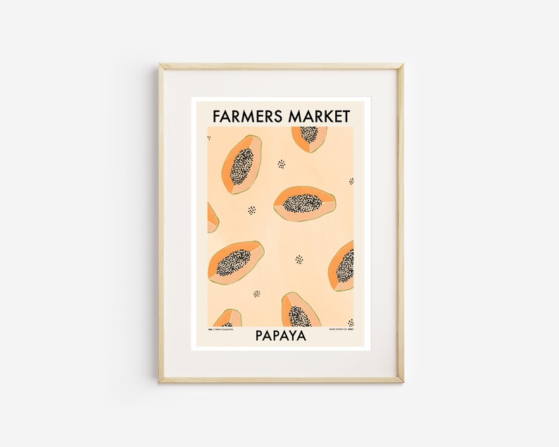 Farmers market papaya fruit print fruit illustration wall art minimal design artwork black artist graphic art image 1