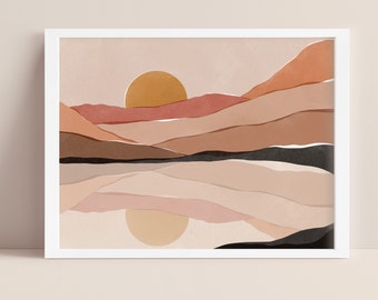 Blush Sunset Desert Art Print: Boho Mountain Landscape
