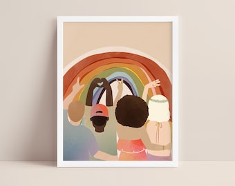 May include: Five people of different skin tones stand in front of a rainbow, making heart and peace signs with their hands. The rainbow is made of red, orange, yellow, green, blue, indigo, and violet stripes.
