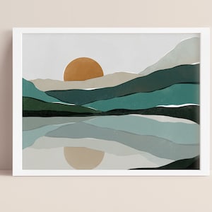 May include: A digital art print of a landscape with a large orange sun setting behind a series of teal and green mountains reflected in a still lake.