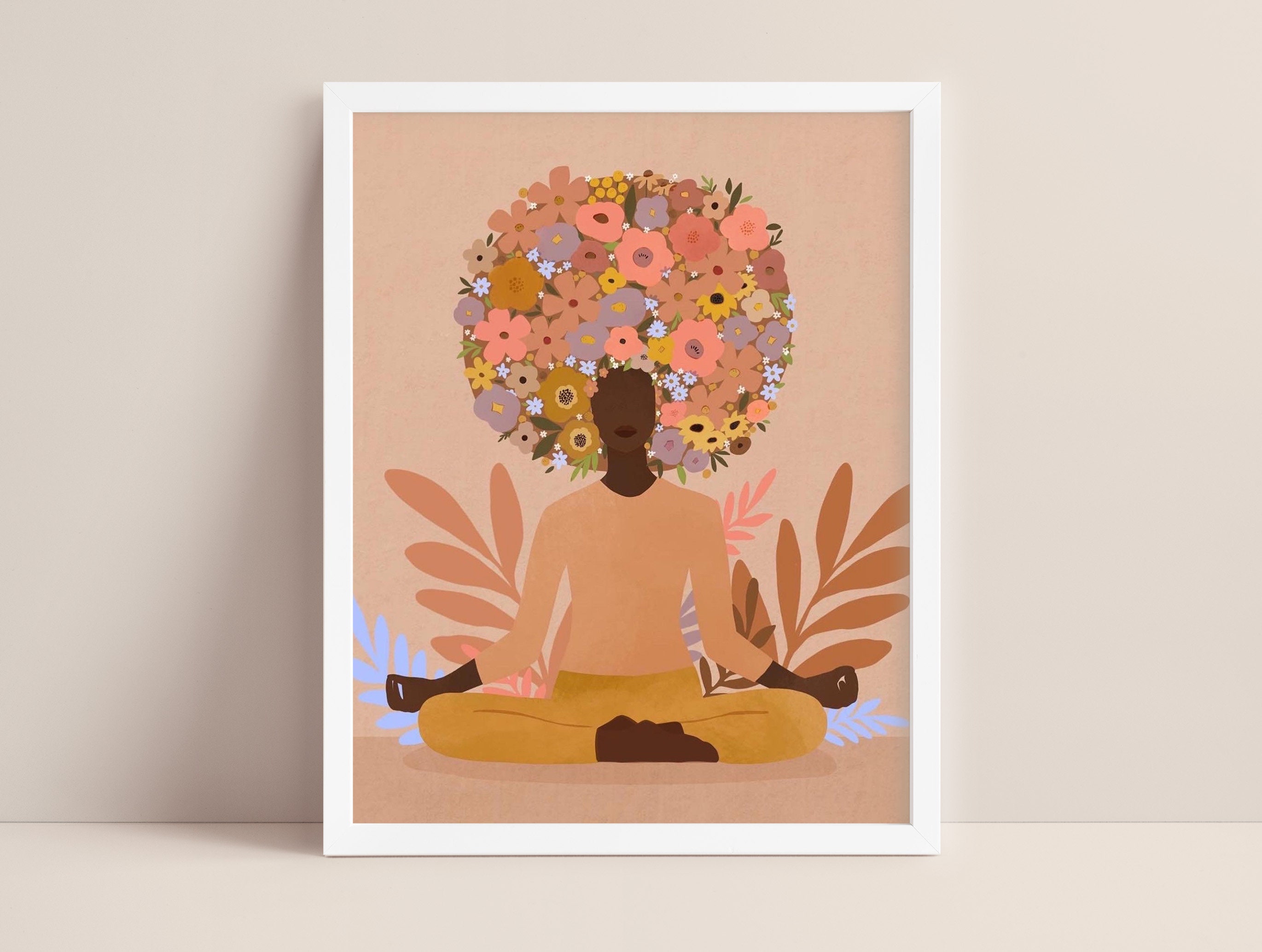 Floral Afro Yoga Portrait: Self Love Art Print (Digital Art)
