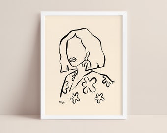 Könnte beinhalten: Linienkunst-Druck einer Frau mit kurzen Haaren, die Ohrringe und ein Hemd mit Blumenmuster trägt. Der Druck ist auf cremefarbenem Hintergrund und trägt die Unterschrift des Künstlers unten links.