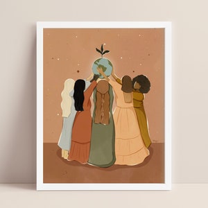 Friendship Art Print: Boho Women Holding Earth Illustration