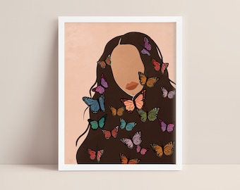 Butterfly Hair Art Print: Boho Woman Illustration