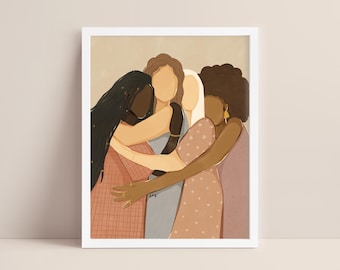 May include: Four women of different ethnicities are embracing each other in a hug. They are wearing colourful dresses and have long hair. The background is a light beige colour.