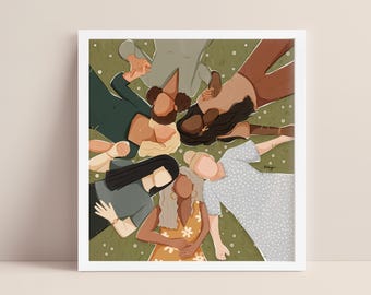 May include: An illustration of six people lying on their backs in a circle on a green grassy field with white flowers. The people are all of different races and have different hair colours and styles. They are all smiling and looking at each other.