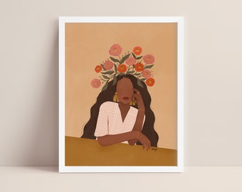 May include: A digital illustration of a woman with long brown hair wearing a pink and white checked shirt. She has a crown of pink and orange flowers on her head. The background is a light orange colour.