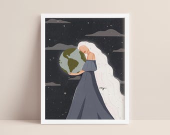 Mother Earth Art Print: Celestial Woman Portrait