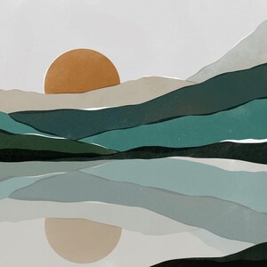 May include: Abstract landscape painting with a large orange sun setting behind a series of teal, green, and gray mountains reflected in a still lake.