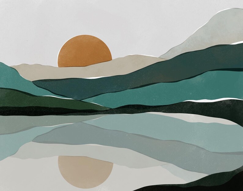 May include: Abstract landscape painting with a large orange sun setting behind a series of teal, green, and gray mountains reflected in a still lake.