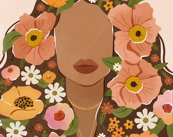 Wildflower Crown Art Print: Boho Woman Illustration