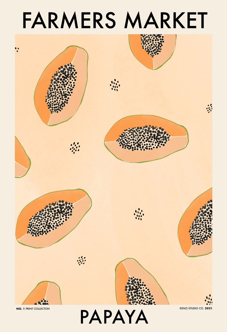Farmers market papaya fruit print fruit illustration wall art minimal design artwork black artist graphic art image 3