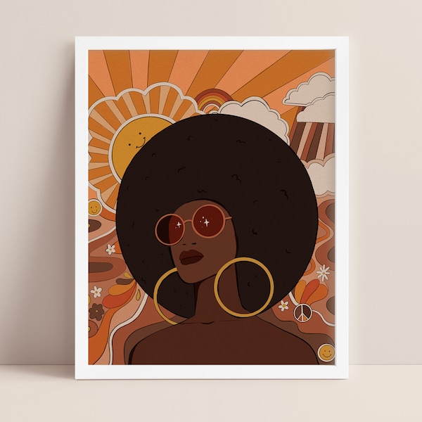 Afro art | retro portrait | digital art | 70s hippie portrait | bohemian art | zodiac print | black women art | diversity | vintage