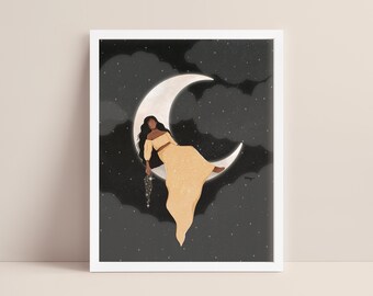 May include: A digital illustration of a person with dark skin sitting on a crescent moon. The person is wearing a yellow dress and holding a string of lights. The background is a dark blue with white stars.