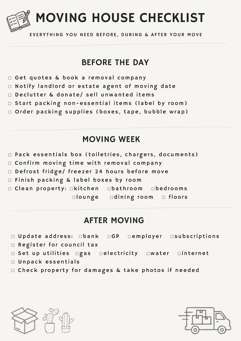 Moving House Checklist UK Printable, Moving Planner PDF - Etsy Canada