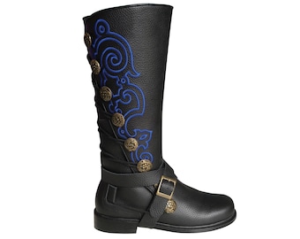 Men's Black Leather Nobleman's Boots with Blue Embroidery & Removable Straps