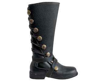 Men’s Black Leather Renaissance Boots with Removable Buckled Straps