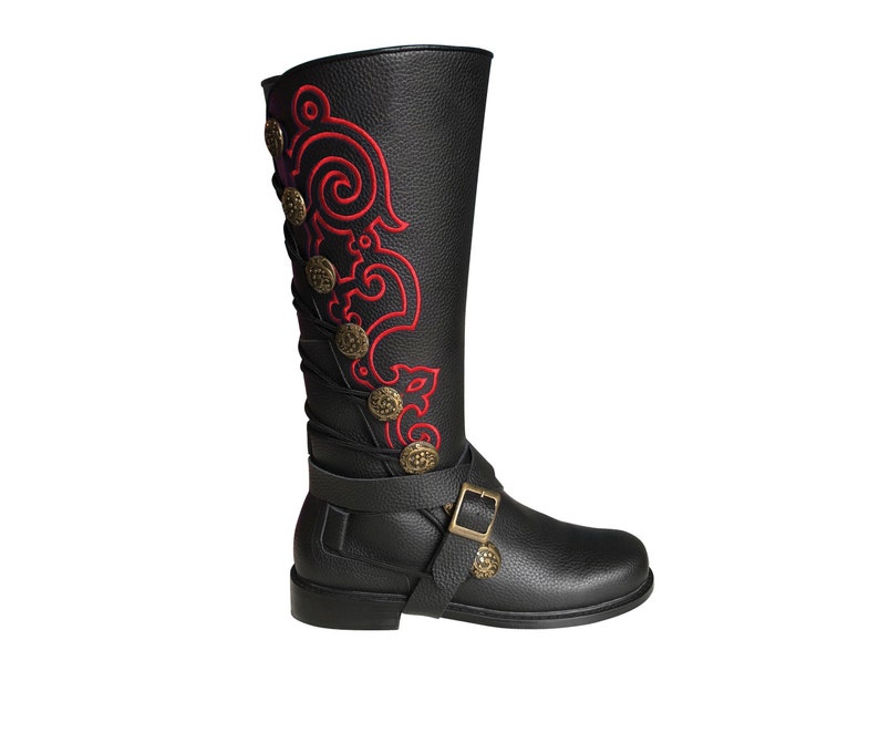 SALE** Men\u2019s Black Leather Nobleman's Boots with Red Embroidery & Removable Straps