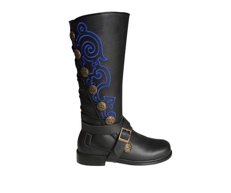 Black Leather Nobleman's Boots with Blue Embroidery & Removable Straps