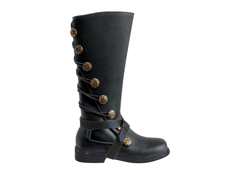 Men\u2019s Black Leather Renaissance Boots with Removable Buckled Straps