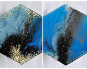 Blue, Black & Gold - Resin Art Coasters