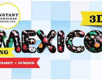 Alphabet mexicain + numéro 3D, lettres clipart 3D, PNG, alphabet mexicain, fond transparent 300 dpi, Téléchargement immédiat