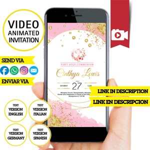 Eerste heilige communie, geanimeerde video-uitnodiging, communiemeisje met bloemen, roze video-uitnodiging, videokaart, gepersonaliseerde video