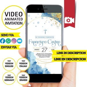 Eerste communie, geanimeerde video-uitnodiging, communie van een kind, blauwe video-uitnodiging, videokaart, gepersonaliseerde video
