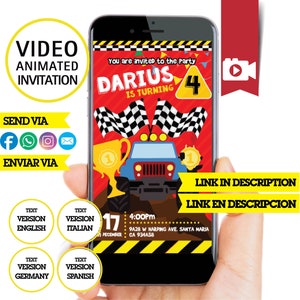Monstertruck, geanimeerde uitnodiging, logo en gepersonaliseerde gegevens, transport, video-uitnodiging, monstertruck, voor iPhone, smartphone