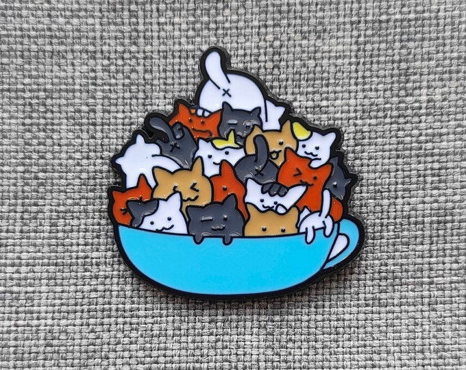Cup of Cats Enamel Pin, Novelty Pin Gift, Fun Fashion Lapel Pin, Cat Lover Gifts, Cute Cat Pin, Cat Jewellery Gift for Her
