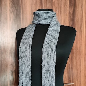 Gray Shiny Skinny Knit Scarf Handmade Double Layered Grey Knitted Accessory