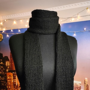 Black Skinny Knit Scarf Handmade Double Layered Knitted Minimalist Accessory