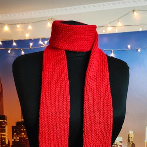 Red Skinny Knit Scarf Handmade Double Layered Knitted Minimalist Accessory