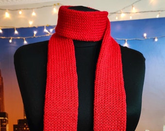 Red Skinny Knit Scarf Handmade Double Layered Knitted Minimalist Accessory
