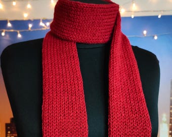 Burgundy Skinny Knit Scarf Maroon Wine Red Handmade Double Layered Knitted Minimalist Accessory