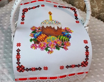 手作りのイースタービーズバスケットカバー、ウクライナのイースター刺繍タオル
