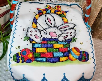 Servilleta de conejito de Pascua, cubierta de cesta de cuentas de Pascua hecha a mano, toalla bordada de Pascua ucraniana