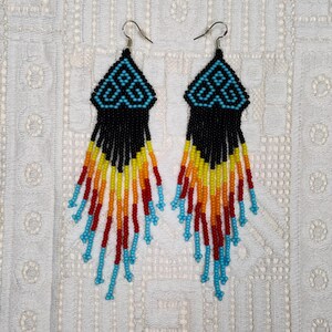 Beaded Huichol Earrings, Long Native Beaded Earrings, Burnt Orange Mexican Earrings Boho Jewelry
