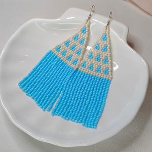 Beaded fringe earrings, Long tassel earrings, Chandelier blue and white Earrings Boho Jewelry