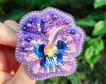 Purple Viola Flower Beaded Brooch Handmade Jewelry Gift Bead Embroidery Brooch Needlework Art