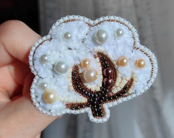 Cotton Flower Beaded Brooch Handmade Jewelry Gift Bead Embroidery Pin Artwork