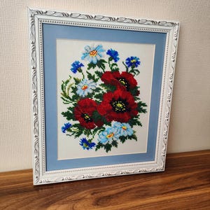 Poppies and Daisies Beadwork Framed Finished Handmade Wildflowers Bead Embroidery Beaded Artwork