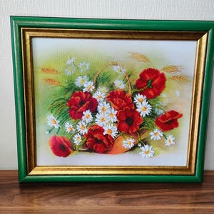 Poppies and Daisies Beadwork Framed Finished Handmade Bouquet of Flowers Bead Embroidery Beaded Artwork