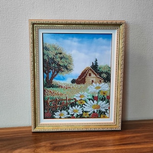 Daisy Flowers in Village Garden Beadwork Framed Finished Handmade Bead Embroidery Beaded Artwork