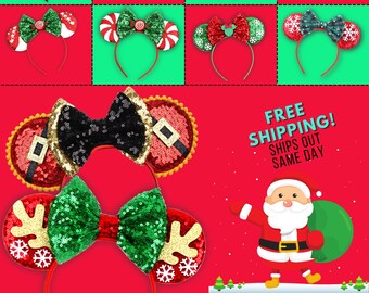 Christmas Minnie Mickey Mouse Ears, Lollipop Ears, Snowflake Ears, Peppermint Candy, Mickey Deer, Very Merriest Ears, FREE SHIPPING!