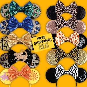 Animal kingdom minnie mouse ears, mickey ears, minnie headband, safari ears, animal print bow, cheetah, zebra, giraffe, lion, free shipping